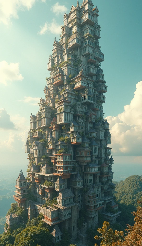 A huge house made up of countless small houses,Slowly rising towards the sky。Breaking the concept of time and space,Incorporates fantastic elements,Typical surreal scene。These scenes break the logic of reality,Bring strong visual impact and imagination space。visually stunning,( perfect anatomy )masterpiece, best quality, Ultra-high resolution, (Very detailed),