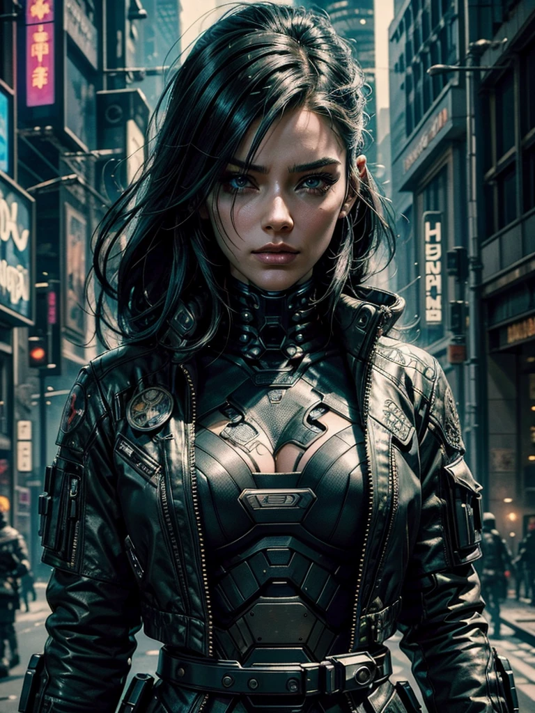 a cyberpunk woman in an apocalyptic scenario, cyborgs, futuristic technology, charming and sexy woman, tattooed, futuristic uniform, hyper-realistic, hyper-detailed, photo-realistic, perfect-details, intricate-details, high quality