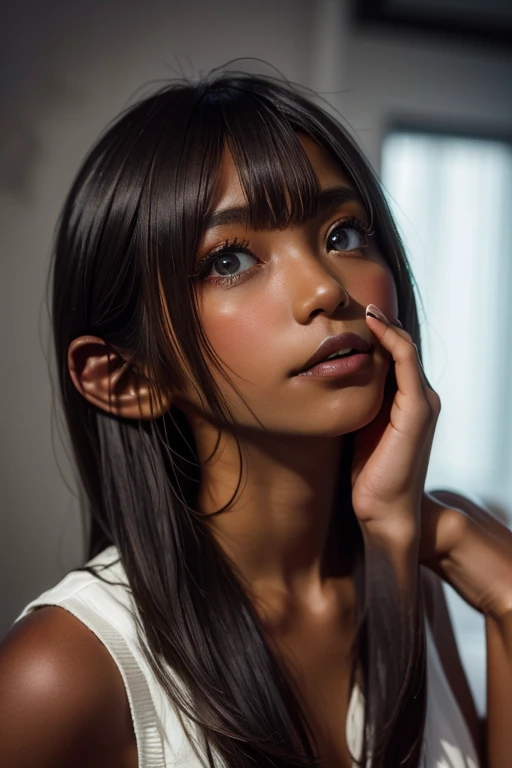 one girl, (((Open your mouth)))、Put your hand over your mouth、Beautiful breasts、 Brown eyes, ((Gal Hairstyles)) blonde, girl, (Eye and facial details:1.0), break, (masterpiece, Highest quality, Very detailed, Detailed face, 8k),( dark skin:1.95 )