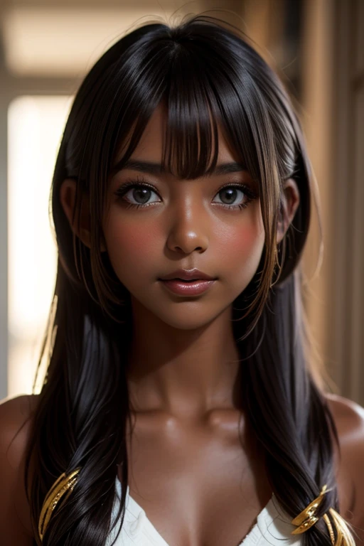 one girl, ((( incoming kiss )))、Put your hand over your mouth、Beautiful breasts、 Brown eyes, ((Gal Hairstyles)) blonde, girl, (Eye and facial details:1.0), break, (masterpiece, Highest quality, Very detailed, Detailed face, 8k),( dark skin:1.95 ),(((( looking up ))))