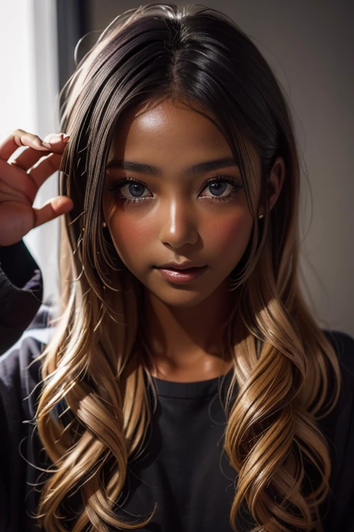 one girl, ((( incoming kiss )))、Put your hand over your mouth、Beautiful breasts、 Brown eyes, ((Gal Hairstyles)) blonde, girl, (Eye and facial details:1.0), break, (masterpiece, Highest quality, Very detailed, Detailed face, 8k),( dark skin:1.95 ),(((( looking up ))))