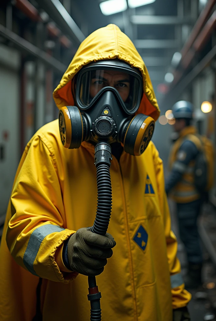 Employee in yellow cape using compressed air respirator