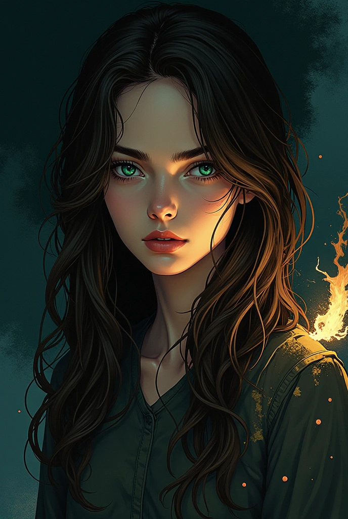 I want an album cover with a girl with brown hair on it.,very long and green eyes lost in the darkness with comic style