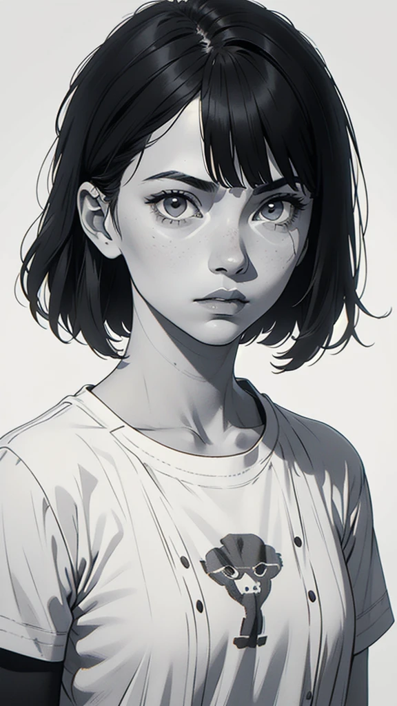 1 boyish girl, solo, sharp eyes, expressionless, monochrome, greyscale, short black hair, portrait, white T-shirt, closed mouth, looking at viewer, graphite \(medium\), detailed lips, hatching \(texture\), without makeup, bangs, upper body, (best illustration), (best quality), (very detailed), (masterpiece), expressionless,