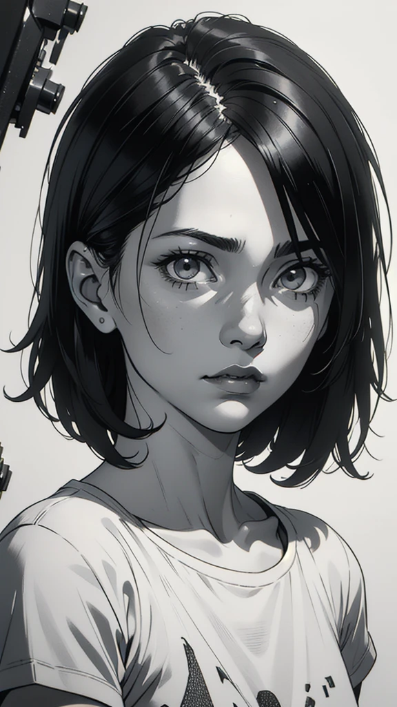 1 boyish girl, solo, sharp eyes, expressionless, monochrome, greyscale, short black hair, portrait, white T-shirt, closed mouth, looking at viewer, graphite \(medium\), detailed lips, hatching \(texture\), without makeup, bangs, upper body, (best illustration), (best quality), (very detailed), (masterpiece), expressionless,