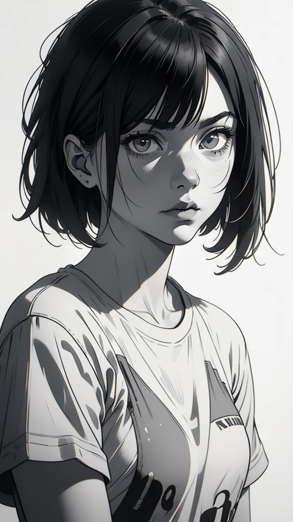 1 boyish girl, solo, sharp eyes, expressionless, monochrome, greyscale, short black hair, portrait, white T-shirt, closed mouth, looking at viewer, graphite \(medium\), detailed lips, hatching \(texture\), without makeup, bangs, upper body, (best illustration), (best quality), (very detailed), (masterpiece), expressionless,