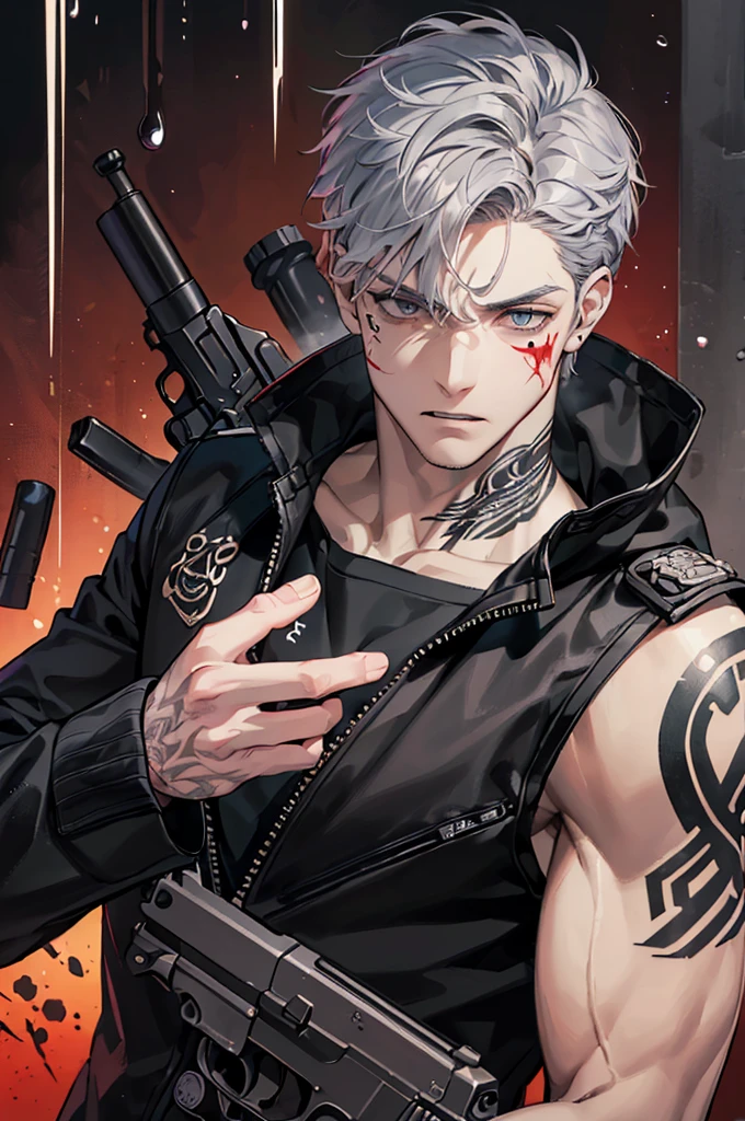 (Tabletop), (Highest quality), (8k)、Very detailed, male1人、Focus Only,Black jacket、scary look、Sparkling Eyes、(Black Eyes:1.4)Muscular、Holding a gun、Shortcuts、male、Tough、scary、Face tattoos、Tattoo on the arm、blood droplets、Scratch marks on face、Macho、Gray Hair