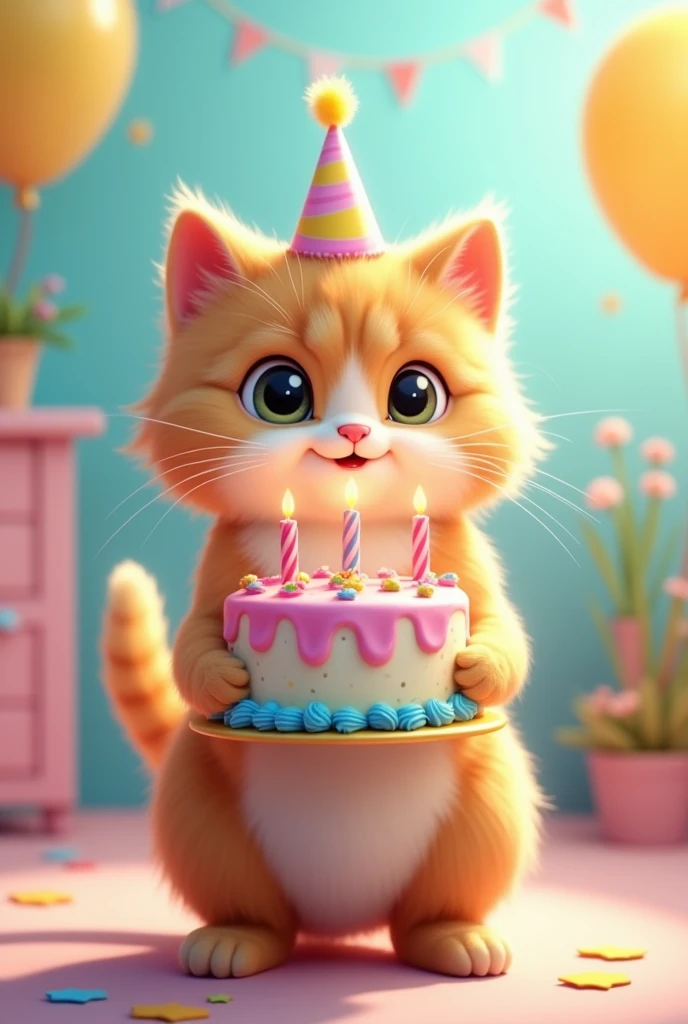 Cute cat holding birthday cake
