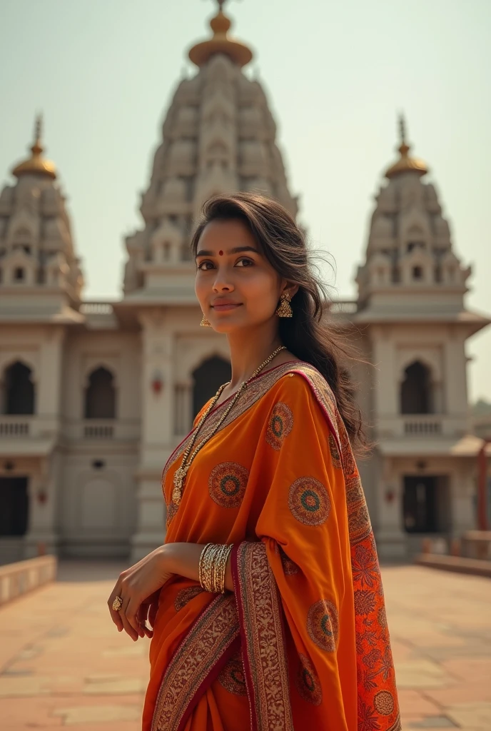 A single Indian 2 girl with long hair wearing saree in outside the temple