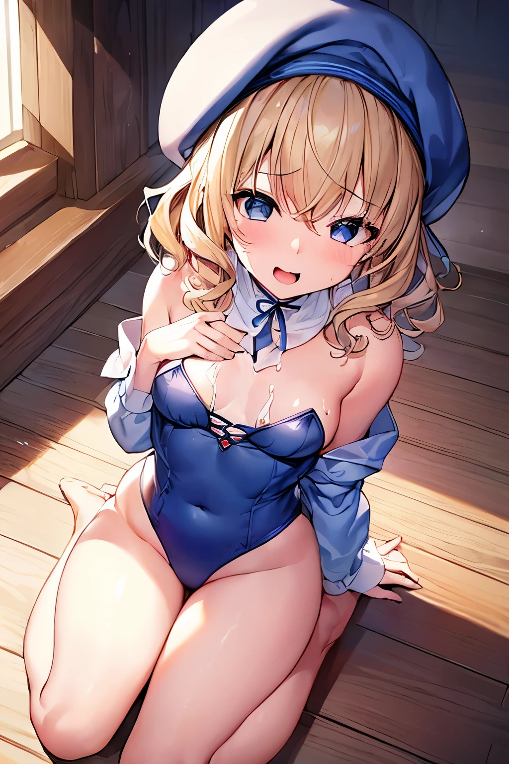 (4K、High resolution image quality、Detailed light、Detailed Shadows、Detailed Design)、1 girl、Blonde、Short hair that is not too long、Fluffy curly hair、Blue and black clothes、beret、(Aggressive design)、((Modest chest、Small breasts))、leotard、barefoot、Shameless、Redness、Lust、Estrus、((sexual excitement、Sex、To be made to cum、Eyes Wide Open、eyeballs look up))、