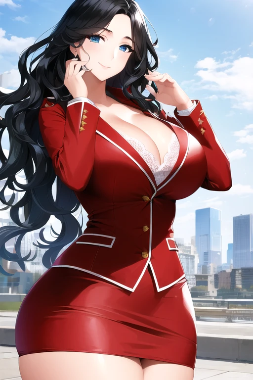 ((masterpiece)), ((best quality)), (ultra-detailed), absurdres, extremely detailed CG unity 8k wallpaper, Official Art, Accurate describe shapes, ((beautiful face, detailed hands, expressive eyes)), upper body, looking at viewer, solo, ((realistic)), ((close-up)), (depth of field, city, scenery, dramatic light, illustration:1.1), (standing, random pose, bright smile:1.2), (1girl, mature female, milf, motherly, curvy wide hips, thick thighs, huge breasts, black hair, blue eyes, wavy hair, long hair:1.4), (red business suit, red coat, red pencil skirt, cleavage, lace underwear:1.3), ,((masterpiece)), , absurdres, HDR