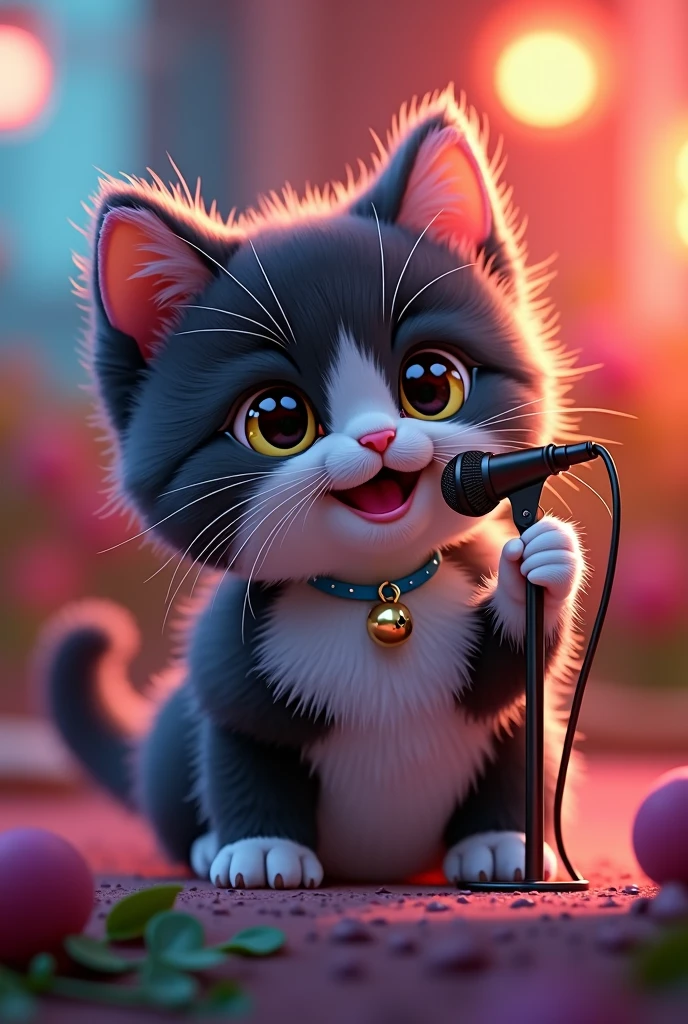 Anthropomorphic kitten, cute, singing on a microphone, big beautiful eyes, black and white fur, collar with bell