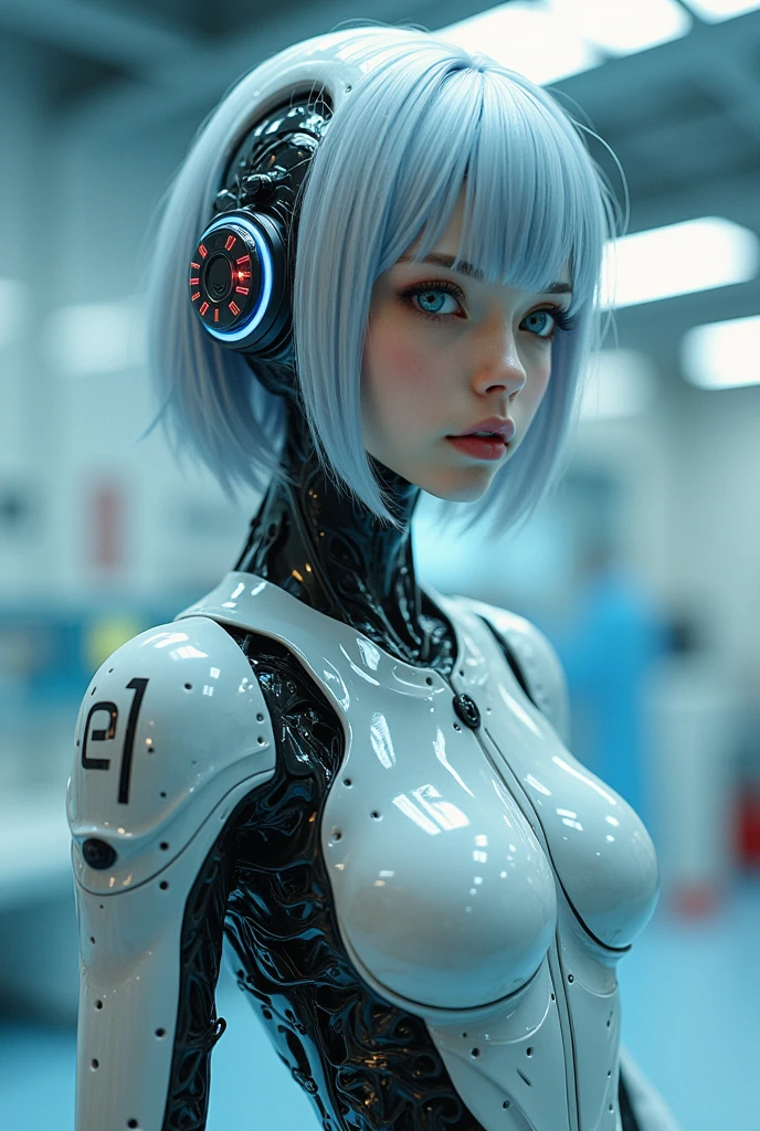 (Highest quality, High resolution, masterpiece:1.2), Very detailed, Realistic:1.37, (Perfect Anatomy),One Girl, Cowboy Shot, Cute and beautiful 2 Japanese girl,Standing posture,(blue led eyes),,Beautiful skins, Very cute face,Detailed facial features, Complex Hair, (Headgear with lots of cables:1.3), (A futuristic cyborg body made of milky translucent artificial skin.:1.2),(Detailed electronic circuits inside the body are clearly visible:1.3),(The electronic circuits inside the body light up),(There are a lot of cables in the body:1.2),Attention to detail in costumes,Metal Necklace, Seductive makeup,Silver short hair,cyber punk,Cybernetic,(The background is the inside of a cyborg transformation operating room....).