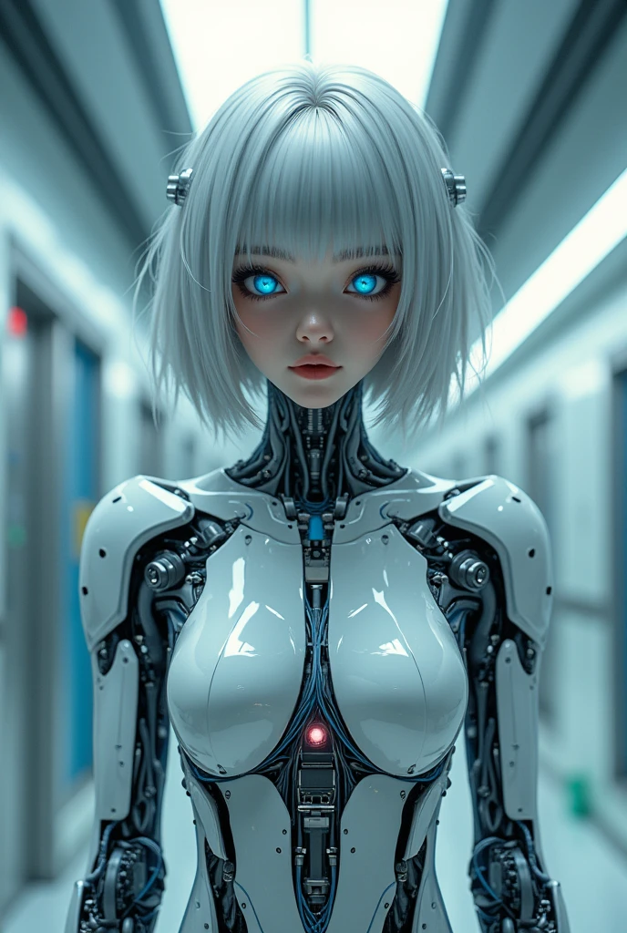 (Highest quality, High resolution, masterpiece:1.2), Very detailed, Realistic:1.37, (Perfect Anatomy),One Girl, Cowboy Shot, Cute and beautiful 2 Japanese girl,Standing posture,(blue led eyes),,Beautiful skins, Very cute face,Detailed facial features, Complex Hair, (Headgear with lots of cables:1.3), (A futuristic cyborg body made of milky translucent artificial skin.:1.2),(Detailed electronic circuits inside the body are clearly visible:1.3),(The electronic circuits inside the body light up),(There are a lot of cables in the body:1.2),Attention to detail in costumes,Metal Necklace, Seductive makeup,Silver short hair,cyber punk,Cybernetic,(The background is the inside of a cyborg transformation operating room....).