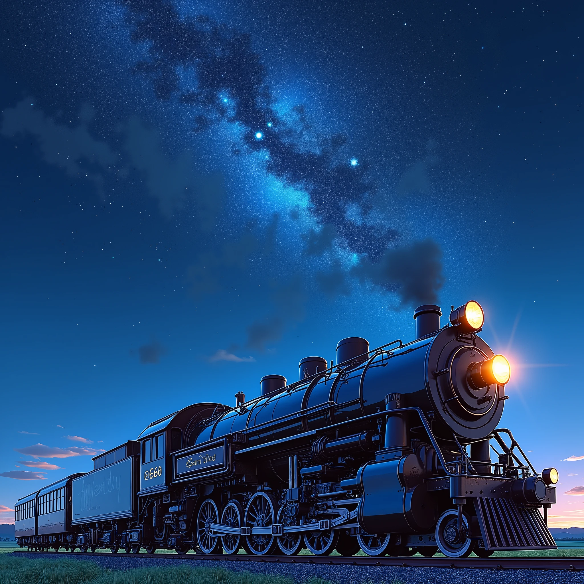 Night Sky、天空の星空を飛ぶsteam locomotive、Galaxy Express 999, Side view、Starry sky-focused artwork、steam locomotive、C62