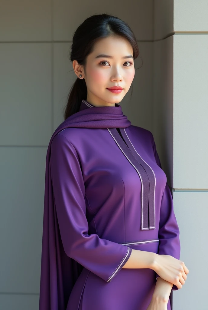 Reality photo. Ayeyarwaddy farmer development bank staff myanmar tranditional girl uniform ,that is fit and elegant purple blouse , purple scarf, purple panty. sexy pose.