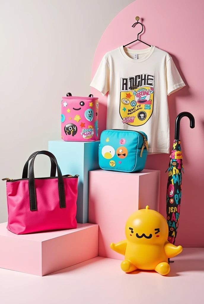 tote bag , t shirt , pouch , stickers and umbrella