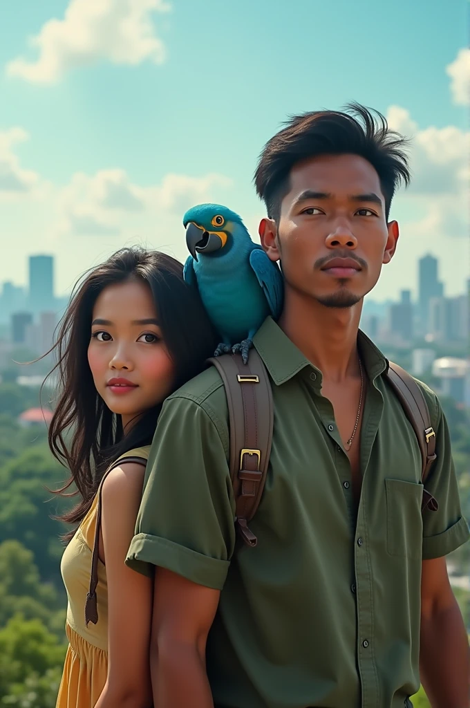 produce ultra high resolution photos in photo realistic style challenging adventure, beautiful girl 28yo named Fitri ayu, and handsome boy 32yo named Sutrisno, and parrot Blue returned to Jakarta with a sense of relief. They promised to maintain friendship and protect parrot Blue.