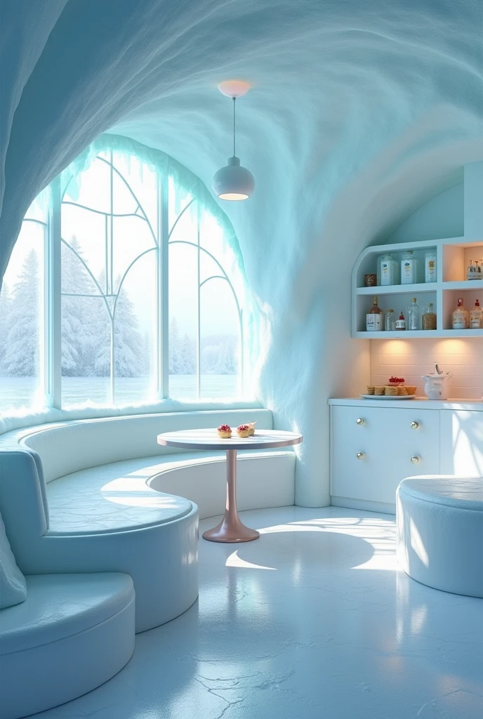 I want design for display area with seat in ice cream parlor iglu concept