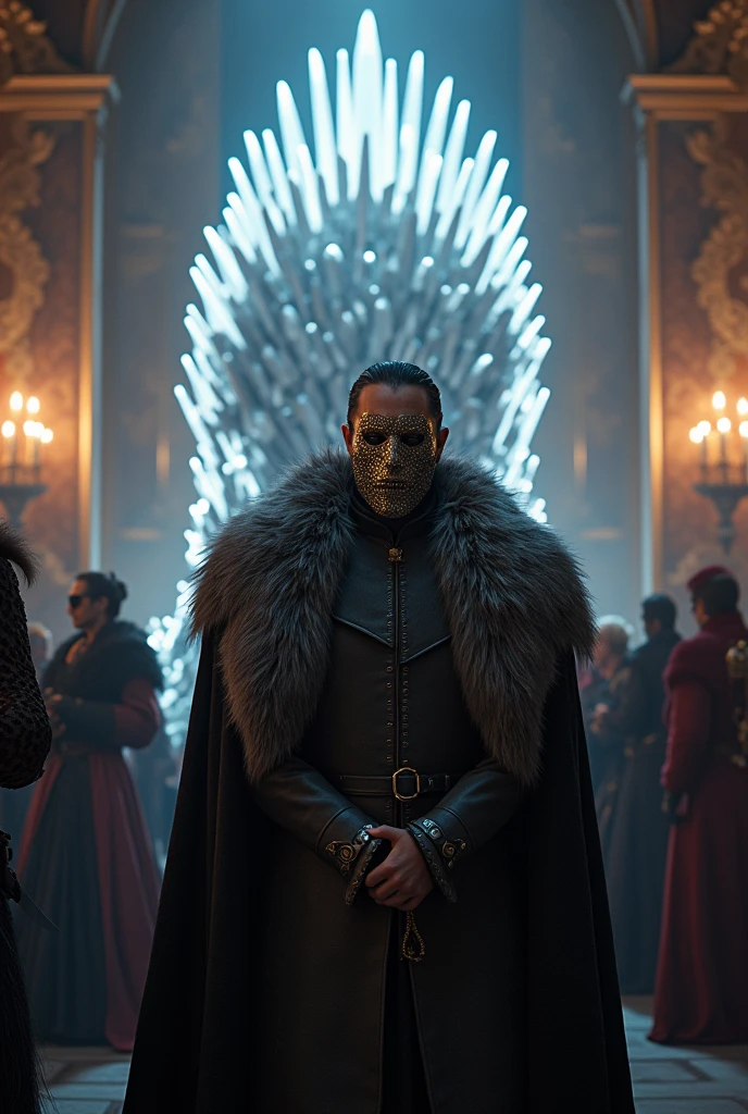 Jon Snow at a masquerade in Westeros, with the Iron Throne as a crystal throne. 4K