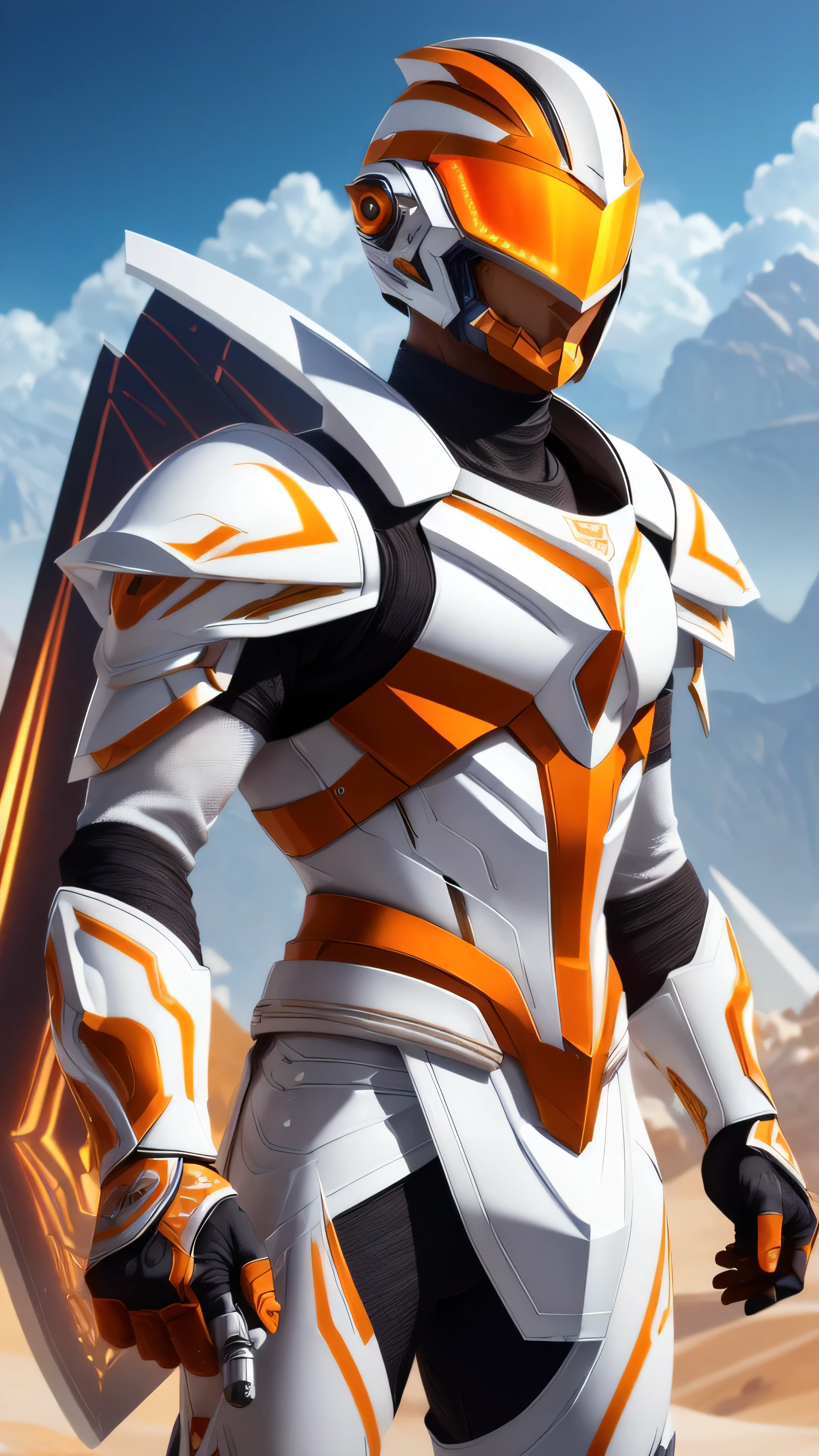 futuristic alien warrior, sleek white armor with orange patterns, black pants, streamlined egg-shaped helmet with a crest, face partially obscured, equipped with a large angular shield and a spear-like weapon, triangular wings with sharp edges, and are colored in white with vibrant orange highlights, desert-like environment, cloudy sky, elements of high-tech armor with ancient warrior motifs, 1man, solo, full body view, (masterpiece, best quality), (hyper realistic:1.6), ((detailed face)), ((award-winning)), (sharp), (8k resolution), (cinematic lighting)