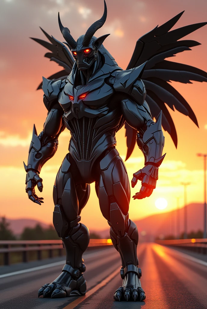 Robot and lion combination stand up  sun set high way whith golden and dark metal suit 
 with red eyes and horns and big dark metal wings and body builder 