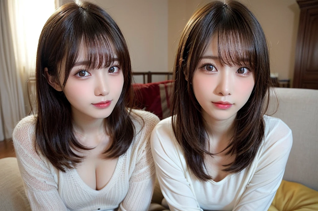 Tabletop, Highest quality, figure, Very detailed, In detail, High resolution, 8k wallpaper, Perfect dynamic composition, Beautiful attention to detail,Straight hair,small ,Natural color lip, Randomly sexy poses,smile,Shibuya Ward、20-year-old girl、cute、sexy shot looking at camera、Posing as a fashion gravure model、Hair blowing in the wind,Long-sleeved loungewear,Narrow Face,Slender body,RAW Photos,living room(Sit on the sofa),Selfie,Close-up of face,Background Blur,1girl,