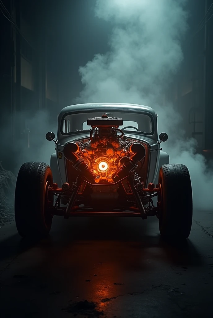 "A close-up of the car’s engine roaring back to life in the darkness."