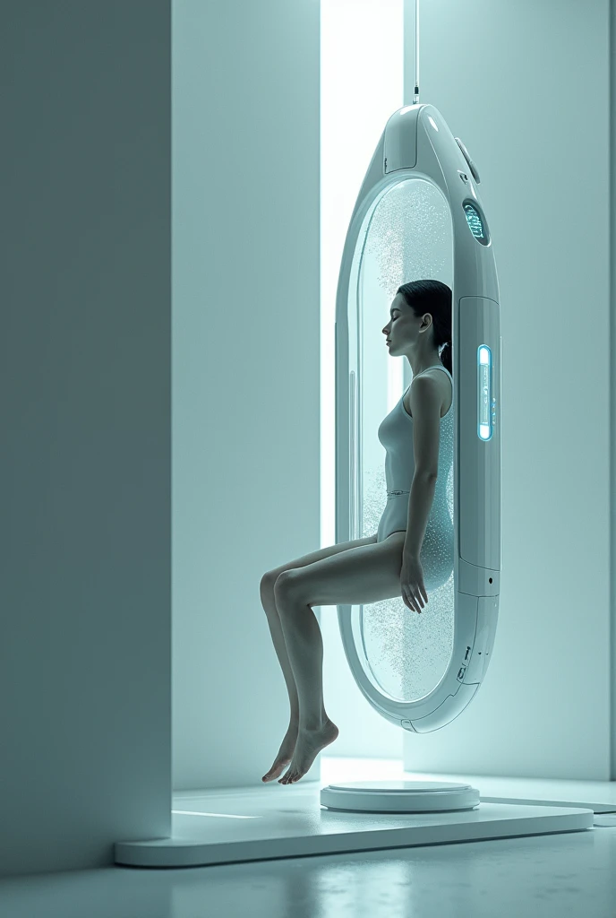 (human capsule) futuristic with liquid inside,human inside,resting inside.elongated capsule