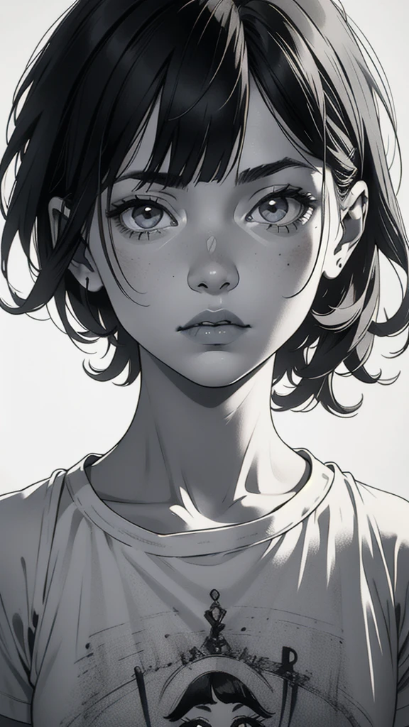 1 boyish girl, solo, sharp eyes, expressionless, monochrome, greyscale, short black hair, portrait, white T-shirt, closed mouth, looking at viewer, graphite \(medium\), detailed lips, hatching \(texture\), without makeup, bangs, upper body, (best illustration), (best quality), (very detailed), (masterpiece), expressionless,
