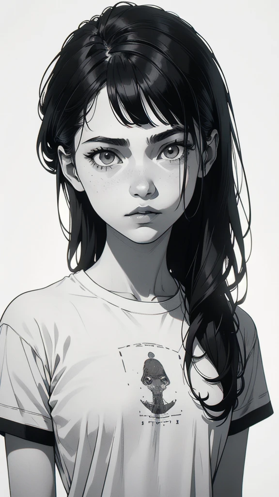 1 boyish girl, solo, sharp eyes, expressionless, monochrome, greyscale, short black hair, portrait, white T-shirt, closed mouth, looking at viewer, graphite \(medium\), detailed lips, hatching \(texture\), without makeup, bangs, upper body, (best illustration), (best quality), (very detailed), (masterpiece), expressionless,