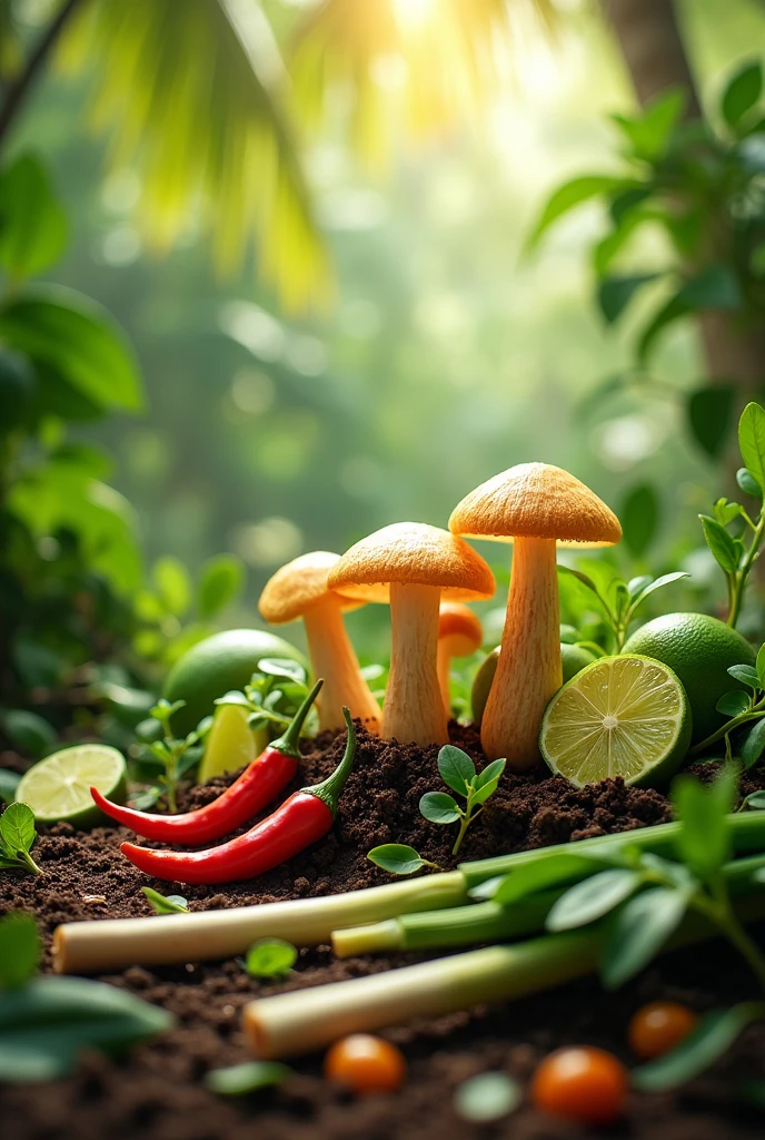Vegetable garden, straw mushrooms, coconut milk, galangal, lemongrass, kaffir lime, red chili, lime