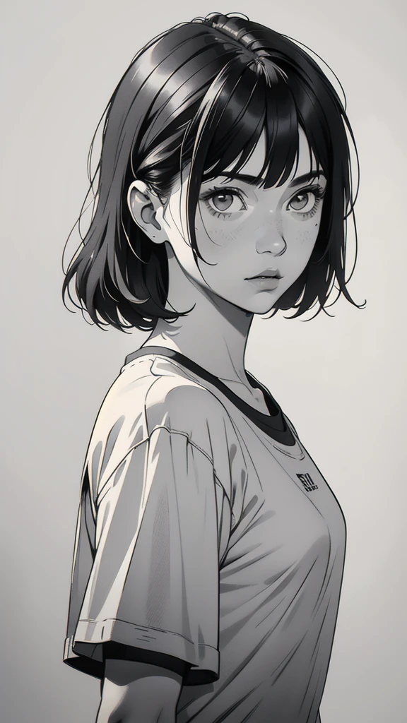 1 boyish girl, solo, sharp eyes, expressionless, monochrome, greyscale, short black hair, portrait, white T-shirt, closed mouth, looking at viewer, graphite \(medium\), detailed lips, hatching \(texture\), without makeup, bangs, upper body, (best illustration), (best quality), (very detailed), (masterpiece), expressionless,