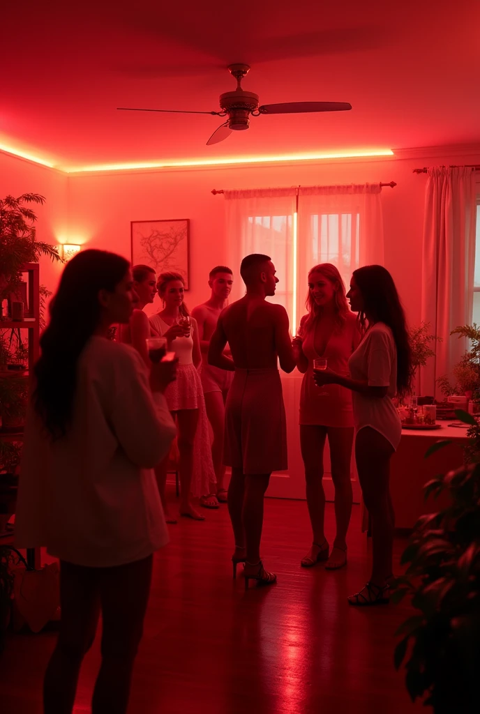 Please generate a picture of a house where there is a house party with red light.  it should be realsitic. The people in the room should look like instagram models but not too sexy. there should be men and women in the picture.
 it should be inside and the format should be JPG-Format, 3000 x 3000 px. 

