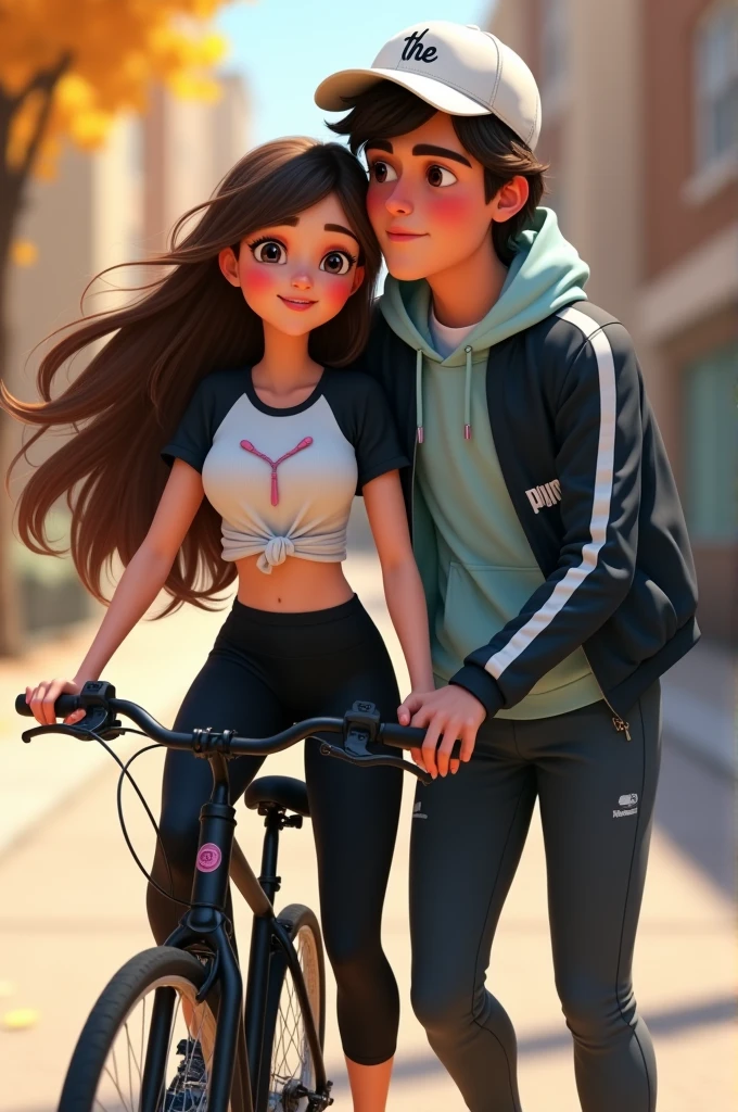 Pixar style image of a couple The girl has long, loose hair.
She wears a white cropped t-shirt with long black sleeves and a design on the front..
She wears black leggings and black sneakers with pink details..
He has a light blue sweater tied around his waist..
She is on the bike, with both hands on the black handlebars, The boy is wearing a white cap with the logo of "the".
He has long hair that peeks out from under his cap..
He wears a dark sports jacket with the Puma logo on the chest..
Wear dark pants, black gloves and light blue sneakers.
He is standing next to the bike, with one arm around the girl's shoulders.