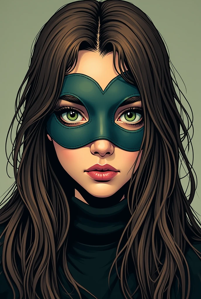 I want an album cover with a girl with brown hair on it.,very long and green-eyed with half of his face covered with a comic book style sad mask 

