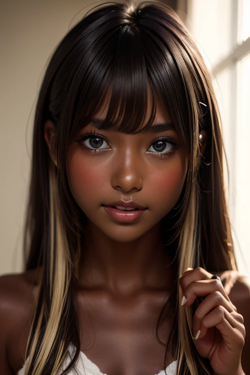 one girl, ((( incoming kiss )))、Put your hand over your mouth、Beautiful breasts、 Brown eyes, ((Gal Hairstyles)) blonde, girl, (Eye and facial details:1.0), break, (masterpiece, Highest quality, Very detailed, Detailed face, 8k),( dark skin:1.95 )