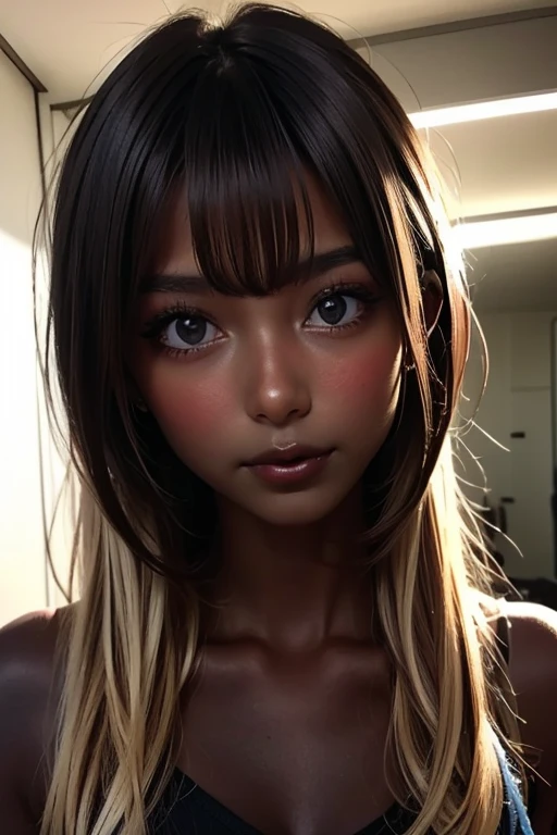 one girl, ((( incoming kiss )))、Put your hand over your mouth、Beautiful breasts、 Brown eyes, ((Gal Hairstyles)) blonde, girl, (Eye and facial details:1.0), break, (masterpiece, Highest quality, Very detailed, Detailed face, 8k),( dark skin:1.95 )