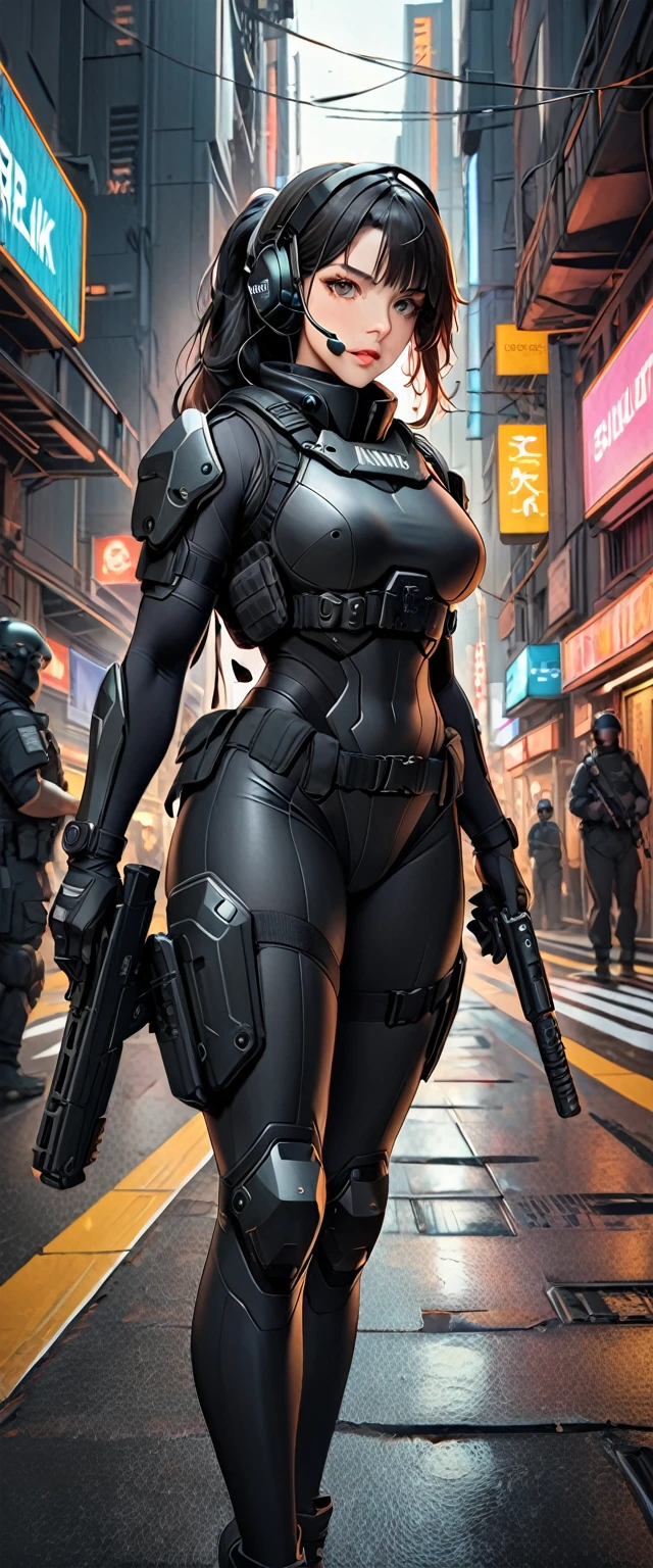 (masterpiece:1.2,Highest quality,Highest quality,Very detailed:1.2),8k,wallpaper,(One Woman),(Future female SWAT team members),(((pistol:1.6))),(Extremely form fitting black tactical bodysuit),(Tactical Headset),(Tactical Holster),(Tactical Gloves),break(Severe),(ponytail),(Black Hair),(Beautiful Face),(Beautiful Eyes),(Beautiful Eyes),(Very detailedな顔),(Very detailedな女性のhand),(Muscular),(sexy),(Big Breasts),(Thick thighs),(Beautiful body),(The background is the neon streets of a future city:1.6),(cyber punk:1.6),(((hand,detailed,perfection,perfectionion,hand))),(Beautiful female hand),(正確なhand描き)
