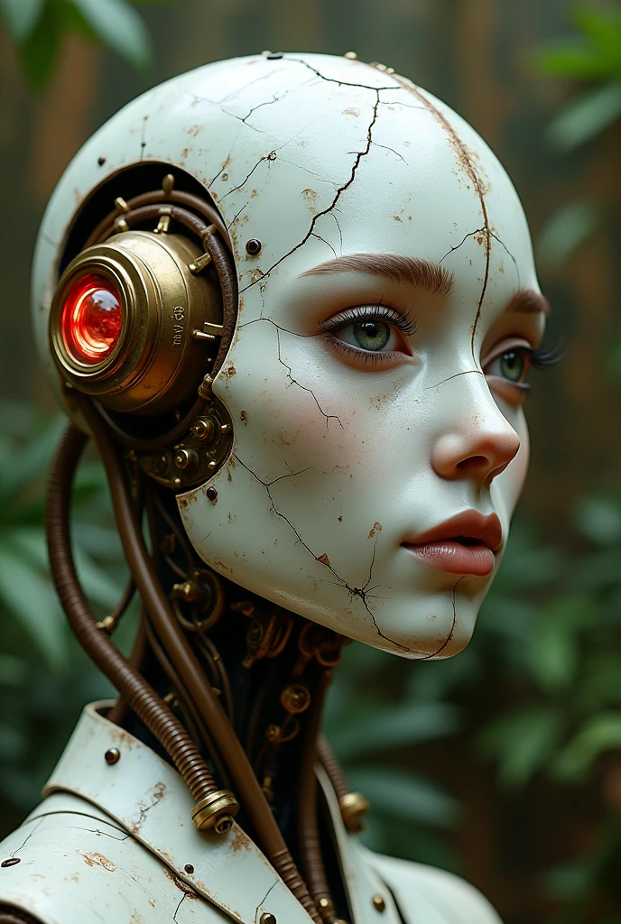 steampunk android portrait, cracked brass face with exposed cybernetics. Hyper-realistic details,  human eyes, one framed by intricate mechanical eyelid. Weathered off-white surface, etched with fine fracture lines and rust stains. Hard, lifelike lips contrast with silicon rubber skin. Segmented panels reveal glimpses of retro steampunk circuitry beneath. Delicate nose sculpted with artificial precision. Visible joints, bolts, welding, and seams along cheekbones and forehead. One eye socket houses glowing red Incandescent bulbs. Tangle of obsolete wires and tubes at neck. Lush, overgrown backdrop hints at post-apocalyptic setting. Harsh, dramatic lighting emphasizes textures. steampunk aesthetic meets baroque detailing. Ultra-high resolution, photorealistic rendering.
