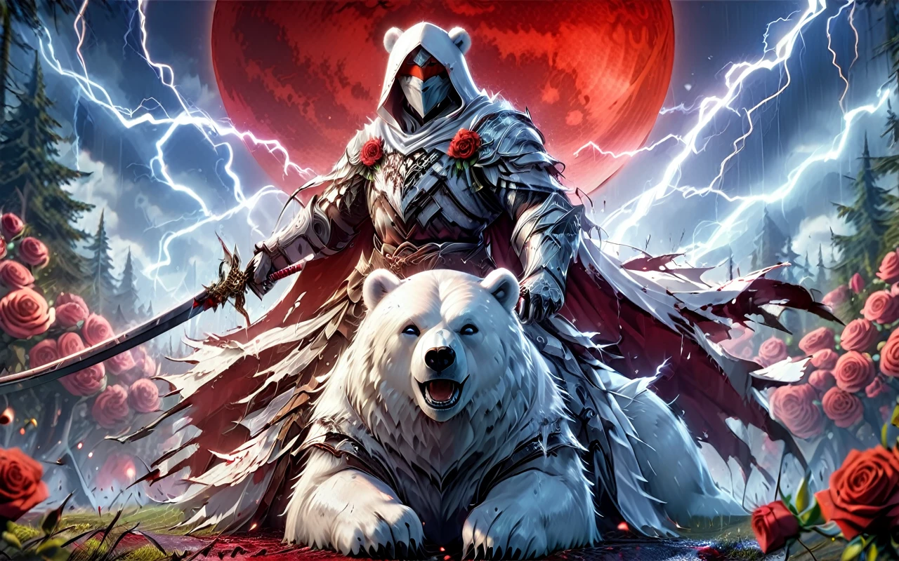 Dynamic picture where a man with a white hood with bear ears and a katana sits riding a big polar bear in a forest while the blood moon shines, many Roses cover the ground and lightning falls from the sky. The man wears a red blindfold.