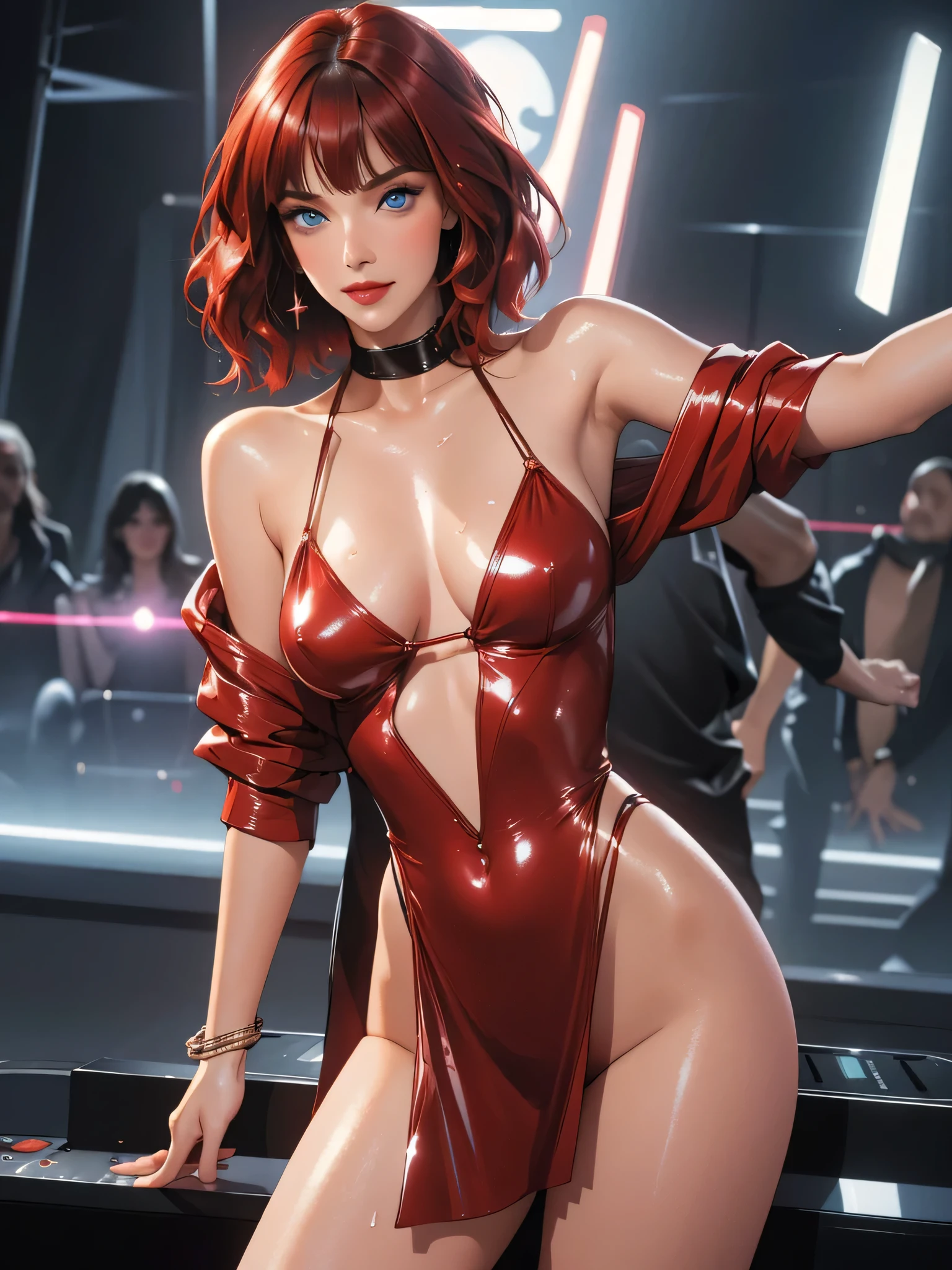 1girl,a beautiful fashion model ,(masterpiece, detailed background, best quality),short and shiny hair, red hair, hair with highlights, bangs, smirk,juicy lips,red lips, calmart, lingerie, stripping, elegant makeup, blue eyes, full body shot, (shiny skin), cyberpunk, sci fi, boa, extravagant jewelry, cocky expression, covered in jewelry, fancy, club outfit, shiny skin, wet skin. running hand through hair, leaning on wall, hair flip, sweat, dj, lights, beat spins you round, (((dance club))), black leather outfit