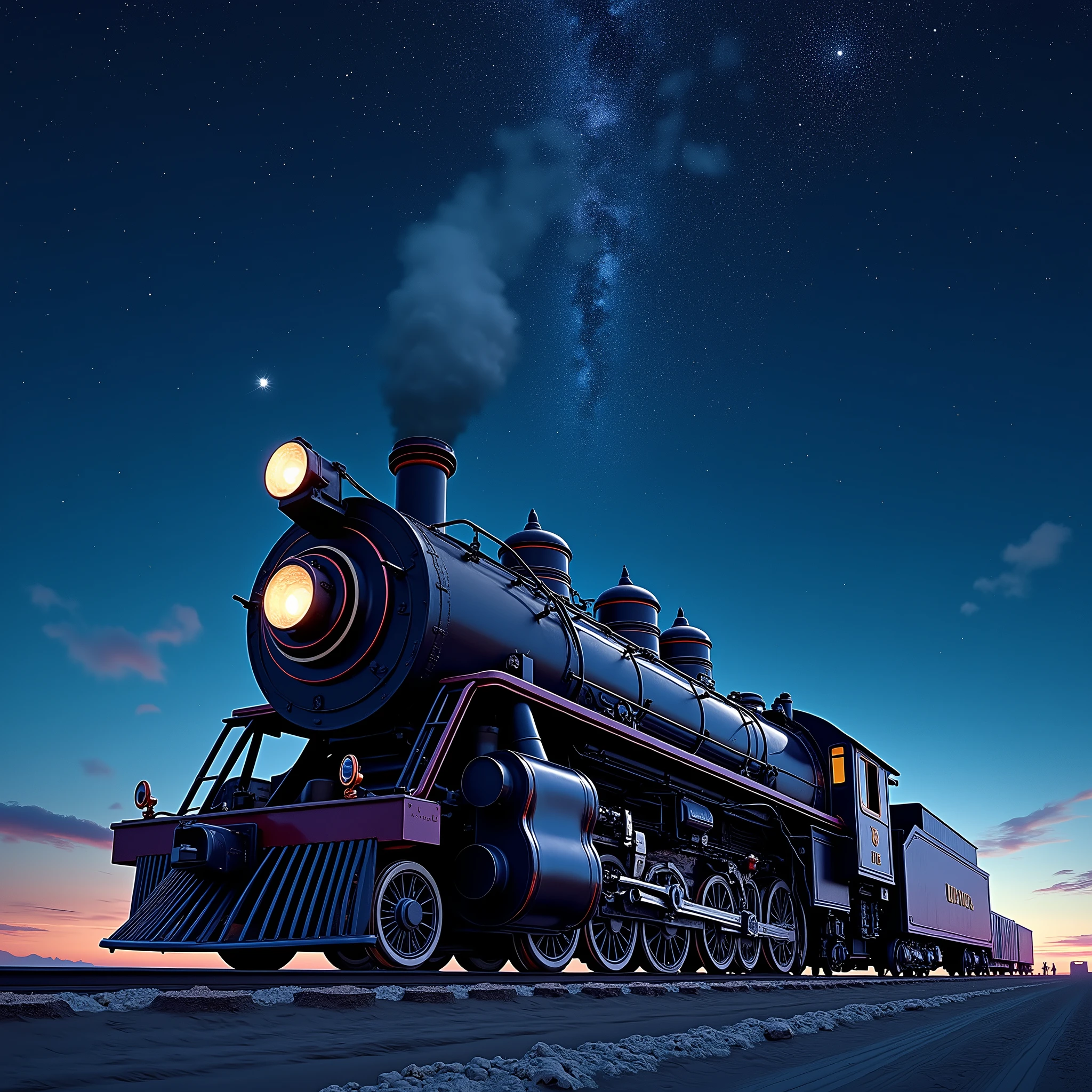 Night Sky、天空の星空を飛ぶsteam locomotive、Galaxy Express 999, Side view、Starry sky-focused artwork、steam locomotive、C62