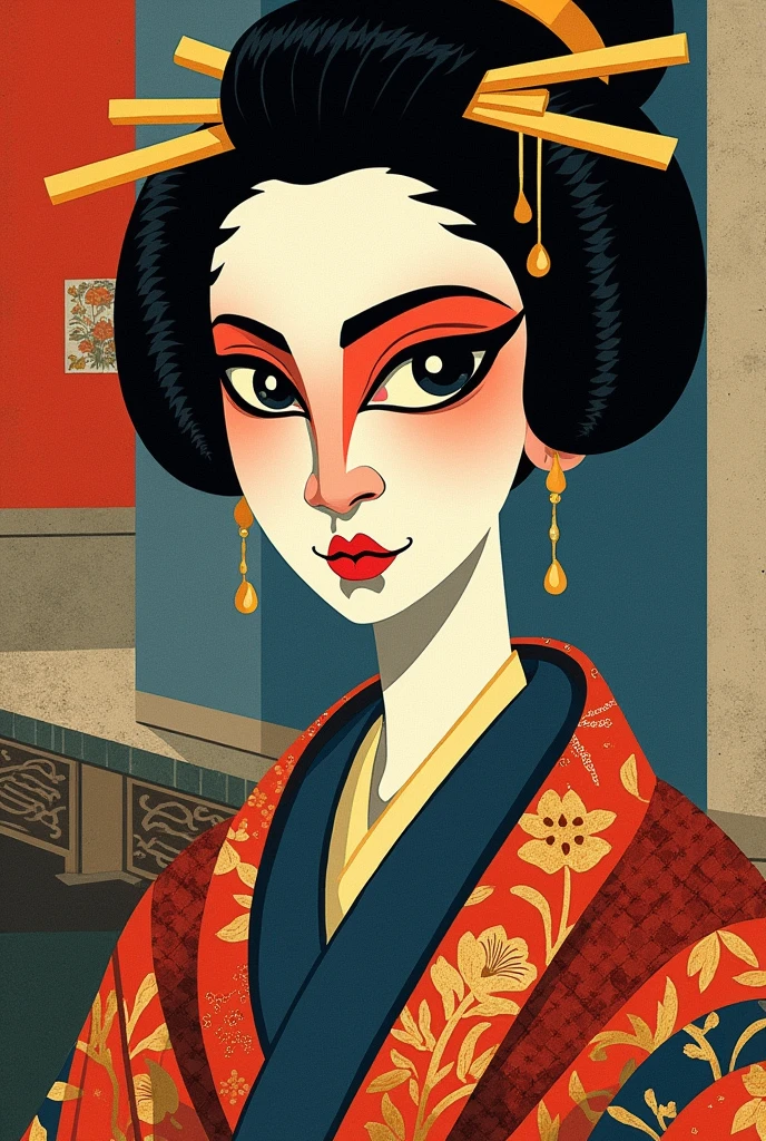 "A Picasso-style cubist portrait of a Japanese Edo-period oiran (high-ranking courtesan), blending traditional ukiyo-e elements with modernist abstraction. The face is fragmented into angular, geometric shapes, with one side showing elaborate traditional makeup and hairstyle, the other more abstracted and colorful. The kimono is deconstructed into a patchwork of vibrant colors and patterns, incorporating both traditional Japanese motifs and Cubist shapes. Long hairpins and ornate kanzashi hair ornaments are represented as sharp, angular forms. The background hints at a traditional Japanese interior, abstracted into overlapping planes of color. The color palette combines rich reds, deep blues, and gold accents typical of ukiyo-e prints with the bold, contrasting colors of Cubism. The oiran's eyes are asymmetrical and expressive, one almond-shaped in traditional style, the other more abstract and geometric. Her lips are painted in a stylized heart shape, reminiscent of traditional oiran makeup but rendered in a Cubist manner."