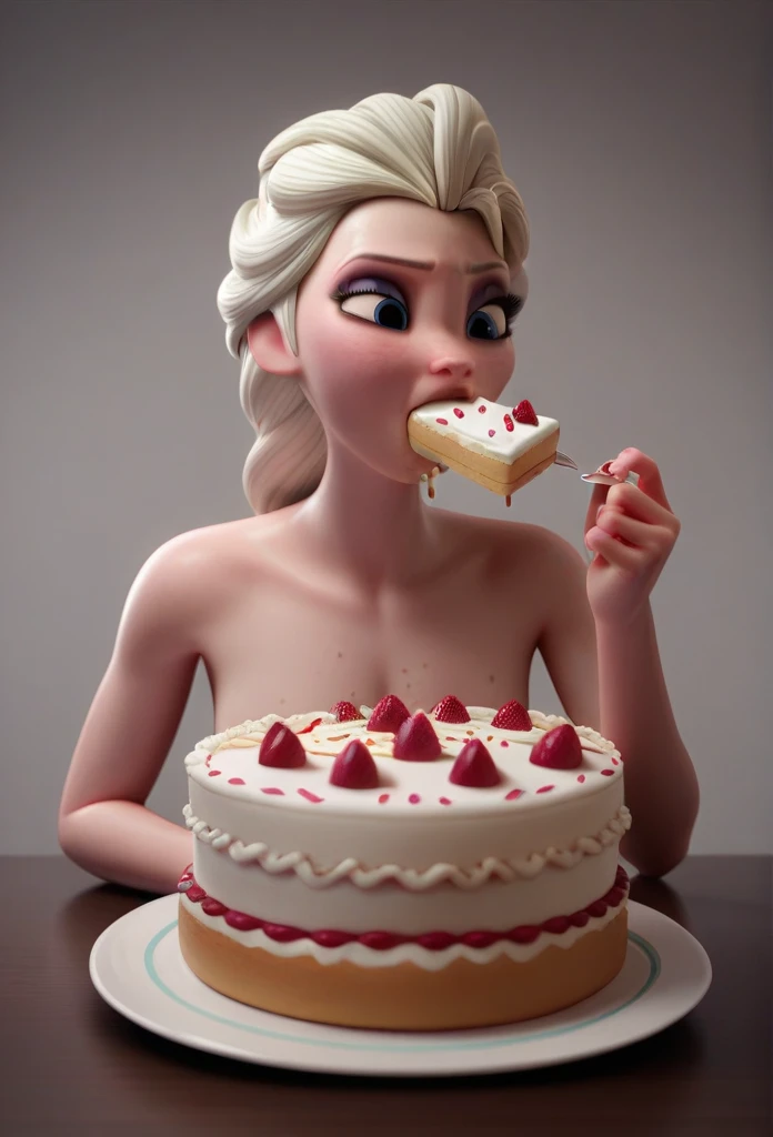 3D,tall surly slim faced elsa literaly gained a pudgybelly,eating a cake,wearing  cold glances,fullbodyimage,gained weight