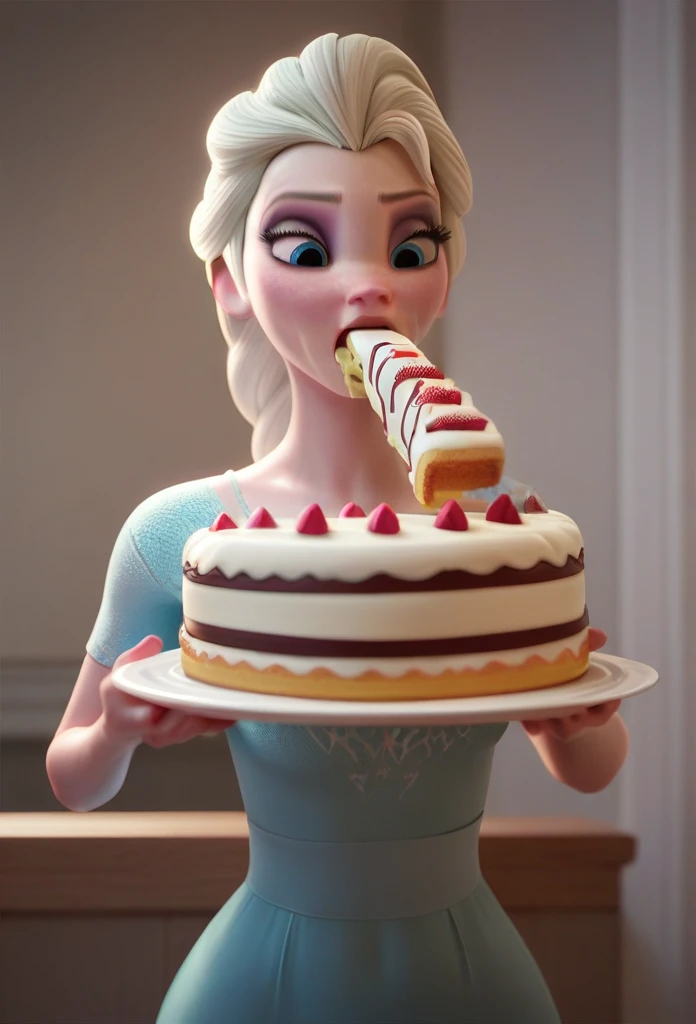 3D,tall surly slim faced elsa literaly gained a pudgybelly,eating a cake,wearing cold glances,fullbodyimage,gained weight