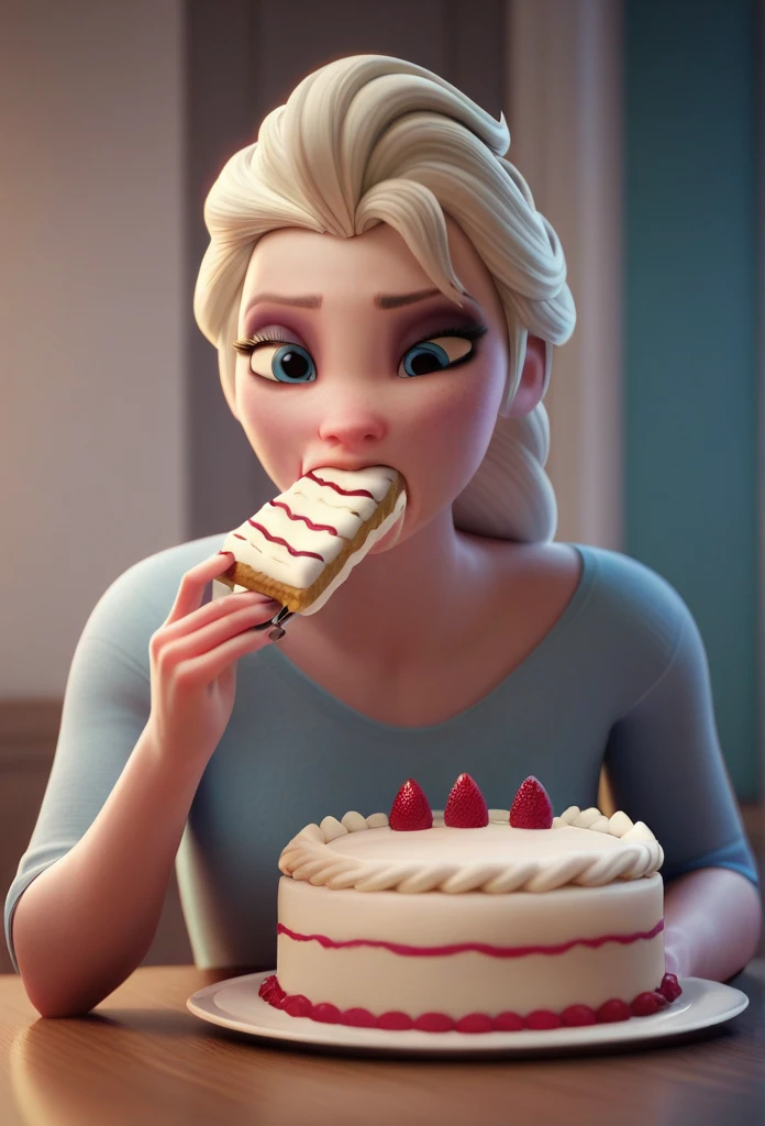 3D,tall surly slim faced elsa literaly gained a pudgybelly,eating a cake,wearing cold glances,fullbodyimage,gained weight