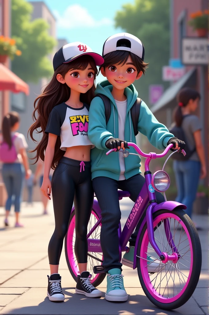 Pixar style image The image shows two young people next to a purple bicycle on the street.
Girl:
He has long and loose hair.
She wears a white cropped t-shirt with long black sleeves and a design on the front..
She wears black leggings and black sneakers with pink details..
He has a light blue sweater tied around his waist..
She is on the bike, with one hand on the handlebars.
Chico:
He wears a white cap with the logo of "the".
He has long hair that peeks out from under his cap..
He wears a dark sports jacket with the Puma logo on the chest..
Wear dark pants, black gloves and light blue sneakers.
He is standing next to the bike, with one arm around the girl's shoulders.
The bike is purple with pink rims and spokes., decorated with decals. The scene takes place outdoors, with more people and bikes visible in the background.