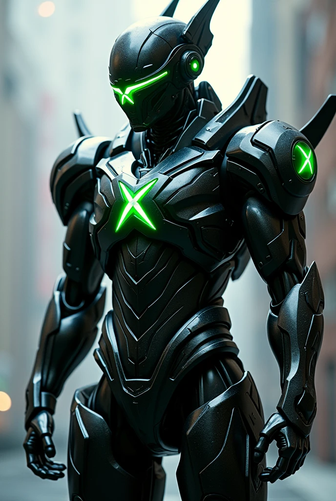 Black robotic suit with double katana and an X logo on the chest with green color and X shape visor with green color