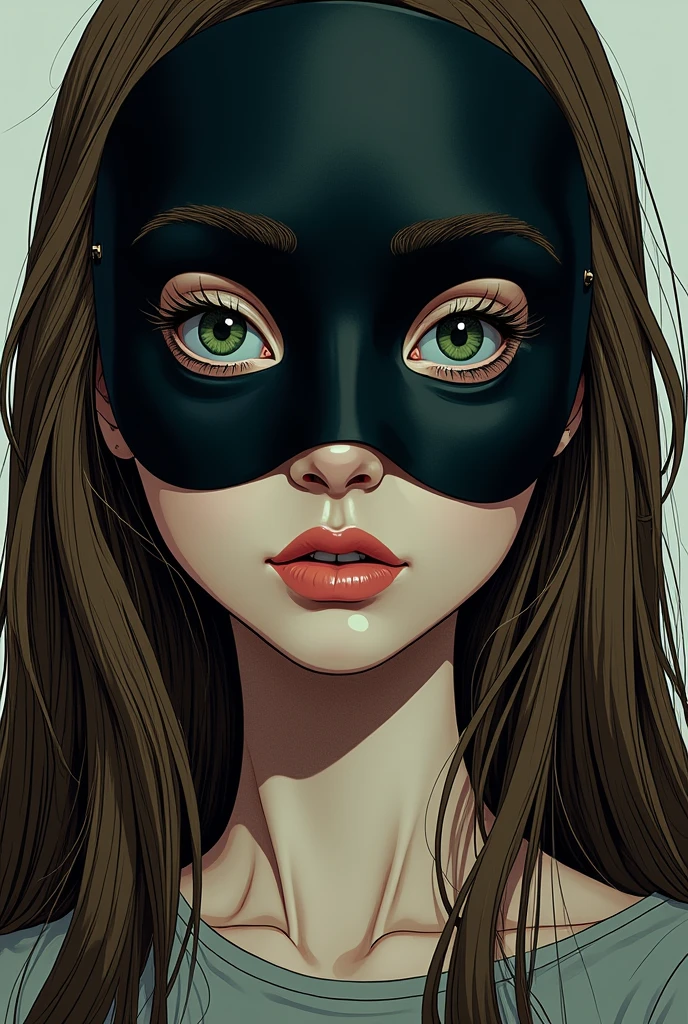 I want an album cover with a girl with brown hair on it.,very long and green-eyed with half of his face covered with a comic book style sad mask